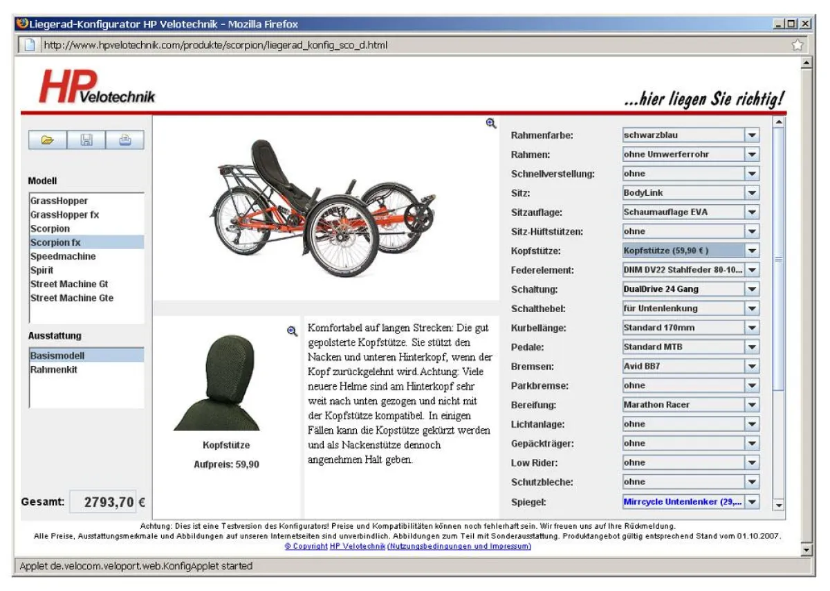 Die Ausstattung eines Liegerades kann im Internet mit dem neuen Liegerad-Konfiguratorvon HP Velotechnik aus über 32.000 Varianten gewählt werden.