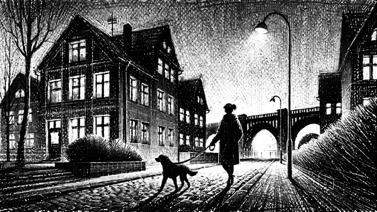 Abends in Loitz: Ruhe, Licht und ein Hund – kein Drama, nur Alltag, der keiner Schlagzeile wert ist. (© DREIFISCH)