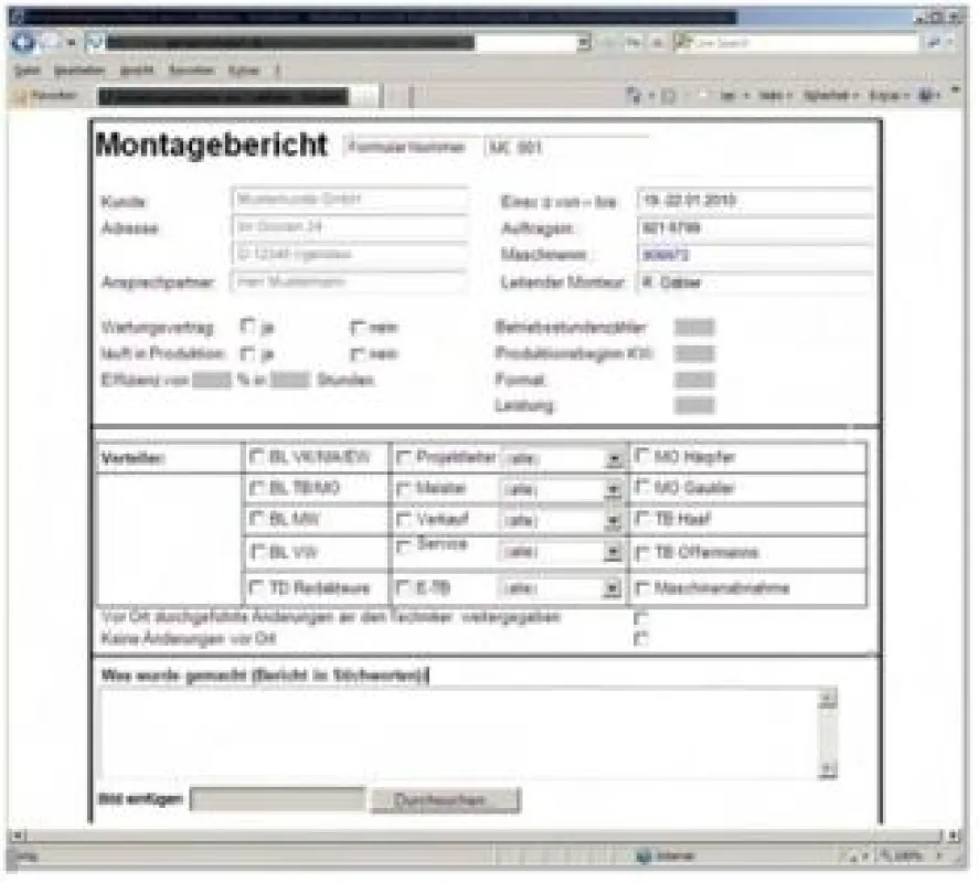 Die Eingabe der Daten im Montagebericht erfolgt browserbasiert