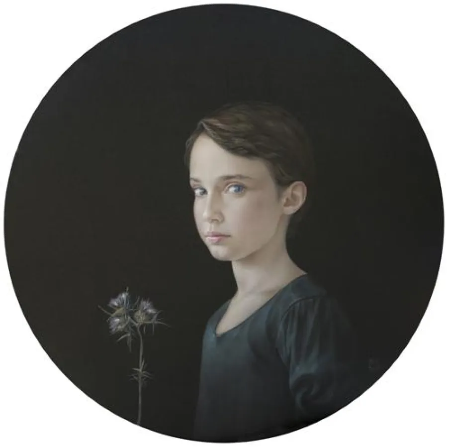 Salustiano, Bajo la lluvia (Niña con cardo), 2013, Öl und Acryl auf Leinwand, 80 cm ø