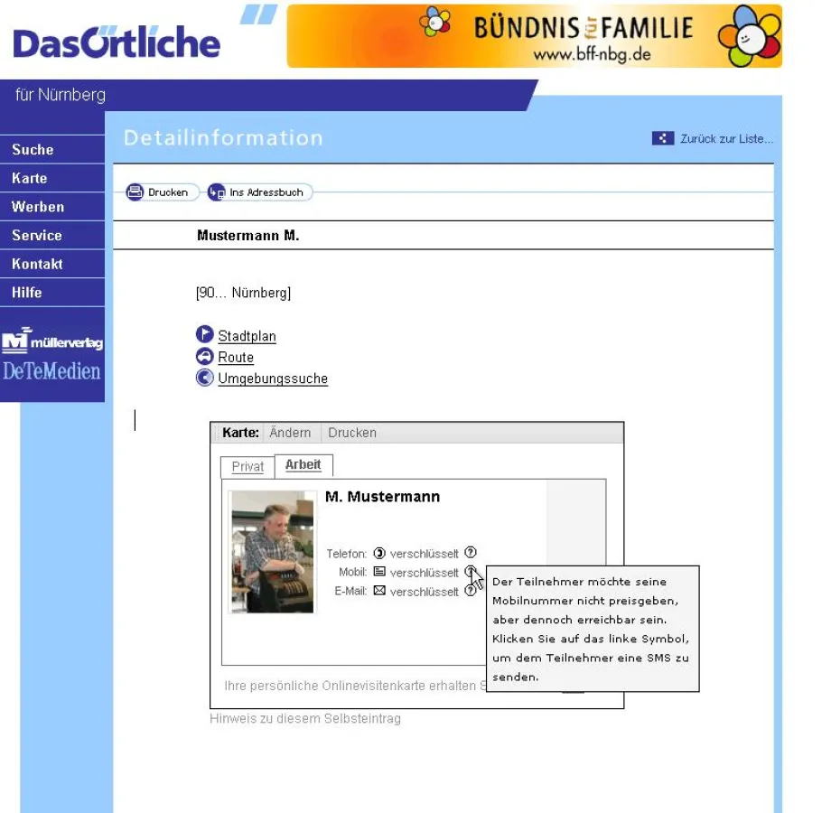 Verschlüsselter Eintrag im Oertlichen.de