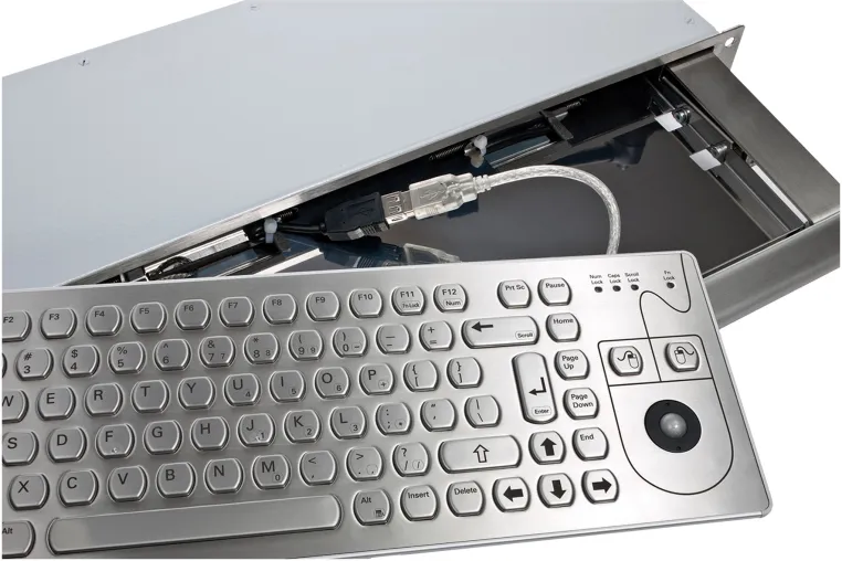 KSS-19 Tastaturschublade (1HE) mit widerstandsfähiger Edelstahlblende und robuster PC Tastatur Bild: KSS-19 Tastaturschublade (1HE) mit widerstandsfähiger Edelstahlblende und robuster PC Tastatur