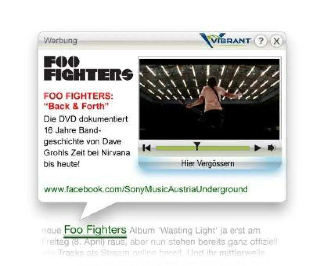BU: Im InText-Fenster wird das neue Musikvideo der Foo Fighters präsentiert