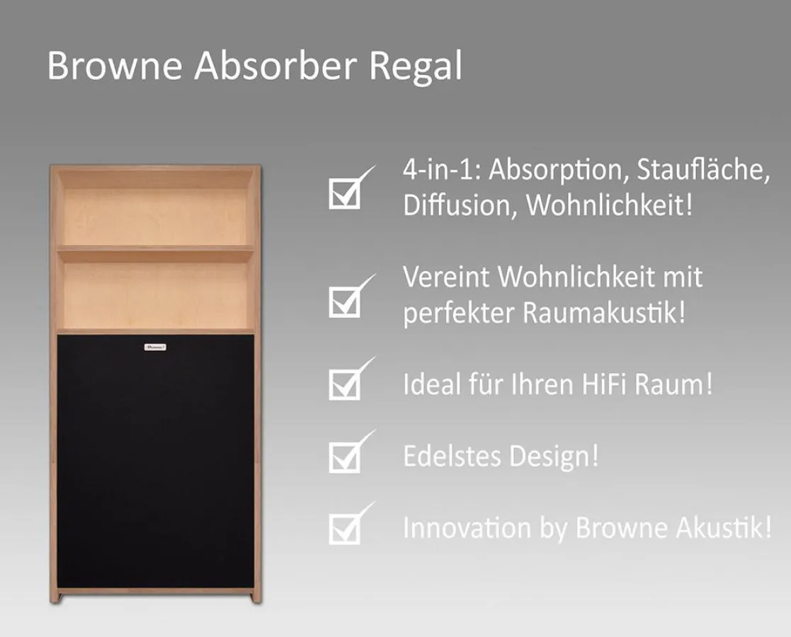 Das Browne Absorber Regal kombiniert Absorber, Diffusor, Staufläche und Wohnlichkeit