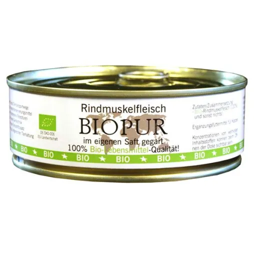 BIOPUR Bio-Muskelfleisch für Hunde und Katzen in der 200 g Dose. Bild: BIOPUR Bio-Muskelfleisch für Hunde und Katzen in der 200 g Dose.