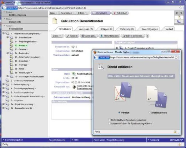 Bild: Direkte Bearbeitung von Dateien mit Version 4.5 des Projektraumes AWARO