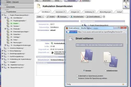 Bild: Direkte Bearbeitung von Dateien mit Version 4.5 des Projektraumes AWARO