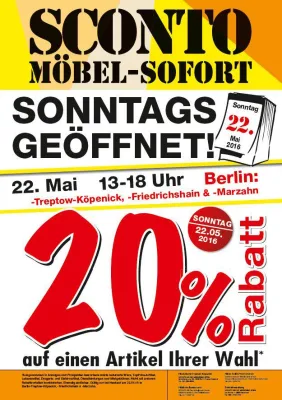 Schnäppchen-Sonntag bei SCONTO - der Möbeldiscounter lädt zum verkaufsoffenen Sonntag in Berlin Bild: Schnäppchen-Sonntag bei SCONTO - der Möbeldiscounter lädt zum verkaufsoffenen Sonntag in Berlin