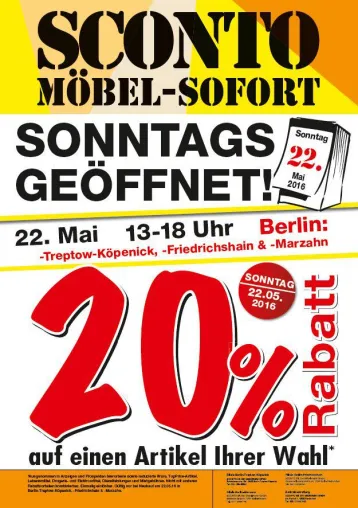 Schnäppchen-Sonntag bei SCONTO - der Möbeldiscounter lädt zum verkaufsoffenen Sonntag in Berlin Bild: Schnäppchen-Sonntag bei SCONTO - der Möbeldiscounter lädt zum verkaufsoffenen Sonntag in Berlin