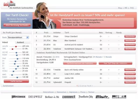 Bild: telfish.com - die Mobilfunk-Suchmaschine. Durch neue Features noch einfacher zum optimalen Handytarif