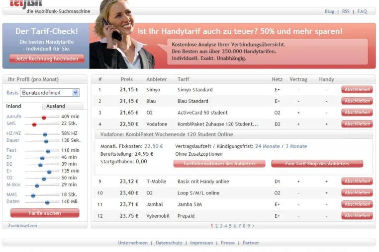 Bild: telfish.com - die Mobilfunk-Suchmaschine. Durch neue Features noch einfacher zum optimalen Handytarif