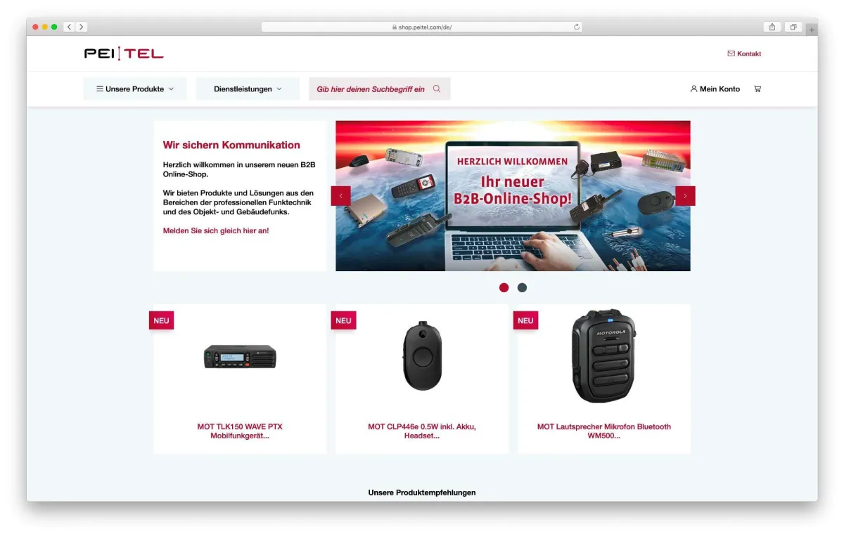 Übersichtlich und einfach zu bedienen: der Online-Shop für Fachhändler von pei tel