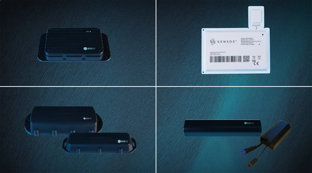 Neue Geräte im BOX-ID-Portfolio (im Uhrzeigersinn, von o. l.: AOVX, SENSOS, KPN IoT, DigitalMatter) (© BOX ID)