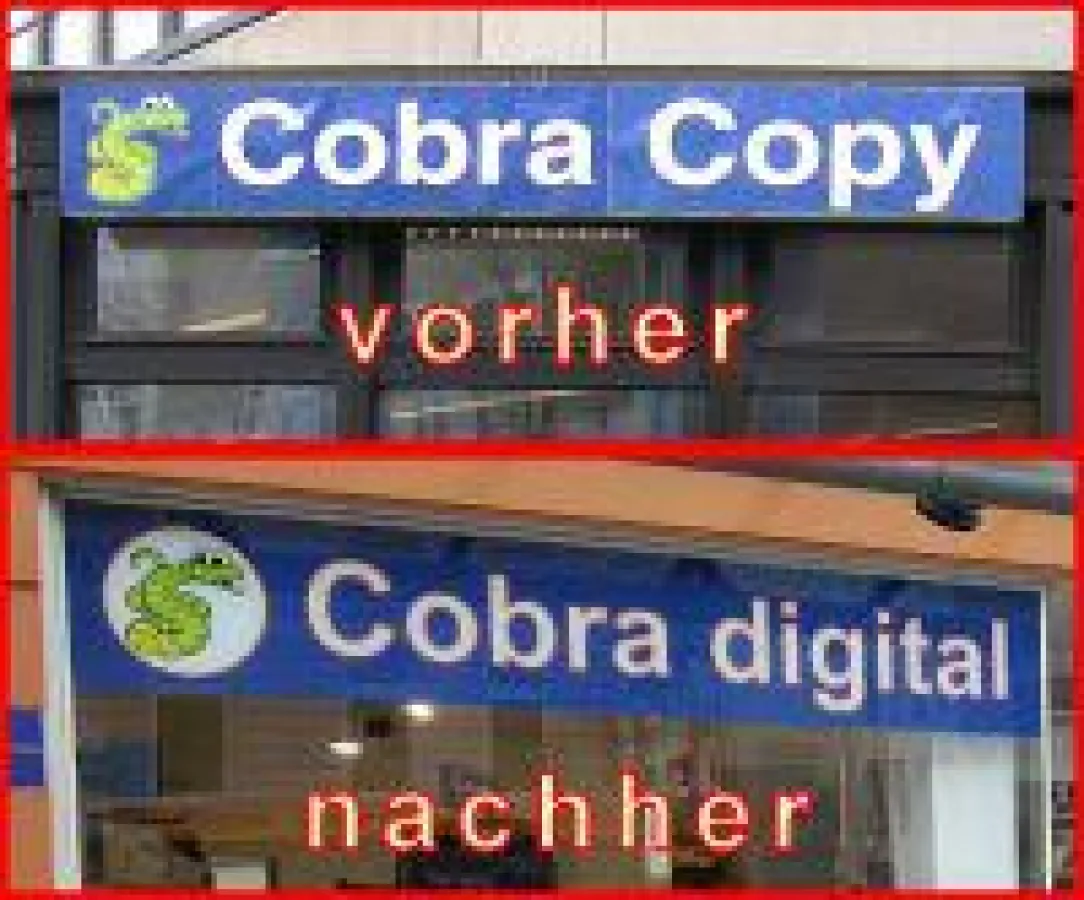 Firmenwerbung an der Ladenfront alter und neuer Laden