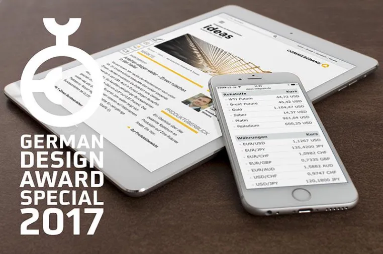 Bild: mediagami erhält Sonderauszeichnung des German Design Award 2017 für das Commerzbank ideas Online-Magazin
