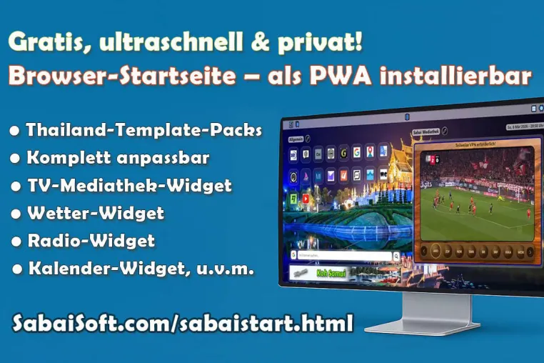 Bild: SabaiStart ist eine private PWA-Startseite mit Widgets für Radio, Wetter, TV und Kalender.