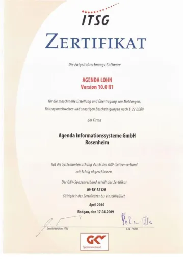 Erneut bestanden - AGENDA-LOHN erhält ITSG-Zertifikat Bild: Erneut bestanden - AGENDA-LOHN erhält ITSG-Zertifikat