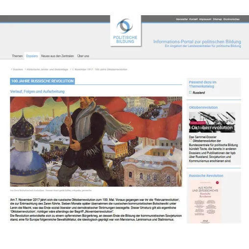 Online-Dossier „100 Jahre Russische Revolution“ auf dem Informations-Portal zur politischen Bildung“ Bild: Online-Dossier „100 Jahre Russische Revolution“ auf dem Informations-Portal zur politischen Bildung“