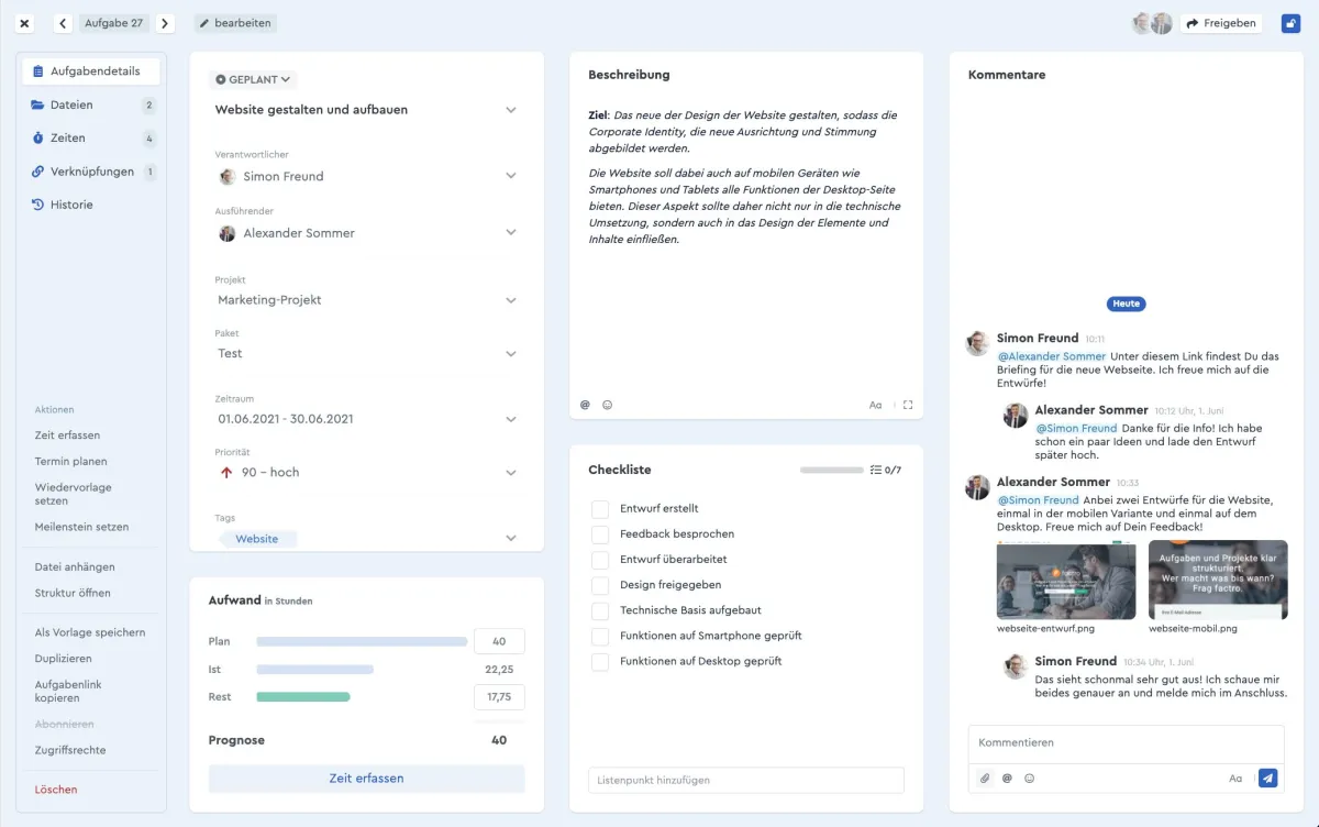 Die neuen factro Aufgabendetails (© Schuchert Managementberatung GmbH & Co. KG)