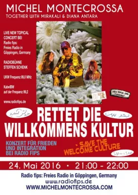 Bild: Michel Montecrossa mit New-Topical-Song Konzert für die Willkommens Kultur bei der 'Radiobühne' auf Radio Fips