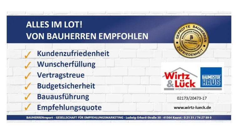 Wirtz & Lück Wohnbau: Zuverlässiger Qualitätspartner erzielt auch 2019 Spitzenwerte aus Sicht der Bauherren Bild: Wirtz & Lück Wohnbau: Zuverlässiger Qualitätspartner erzielt auch 2019 Spitzenwerte aus Sicht der Bauherren