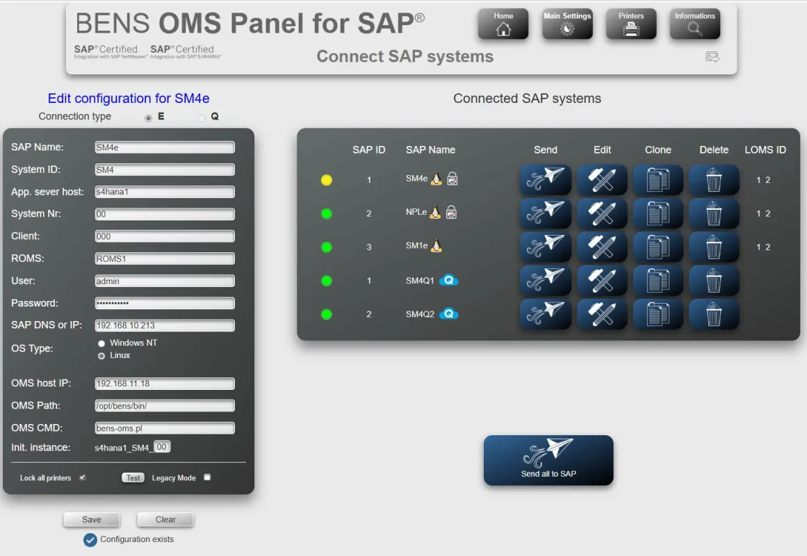 Definition der SAP Server Verbindungen im BENS OMS PANEL. BENS OMS PANEL ist eine WEB-App. (© © Suchy MIPS GmbH)