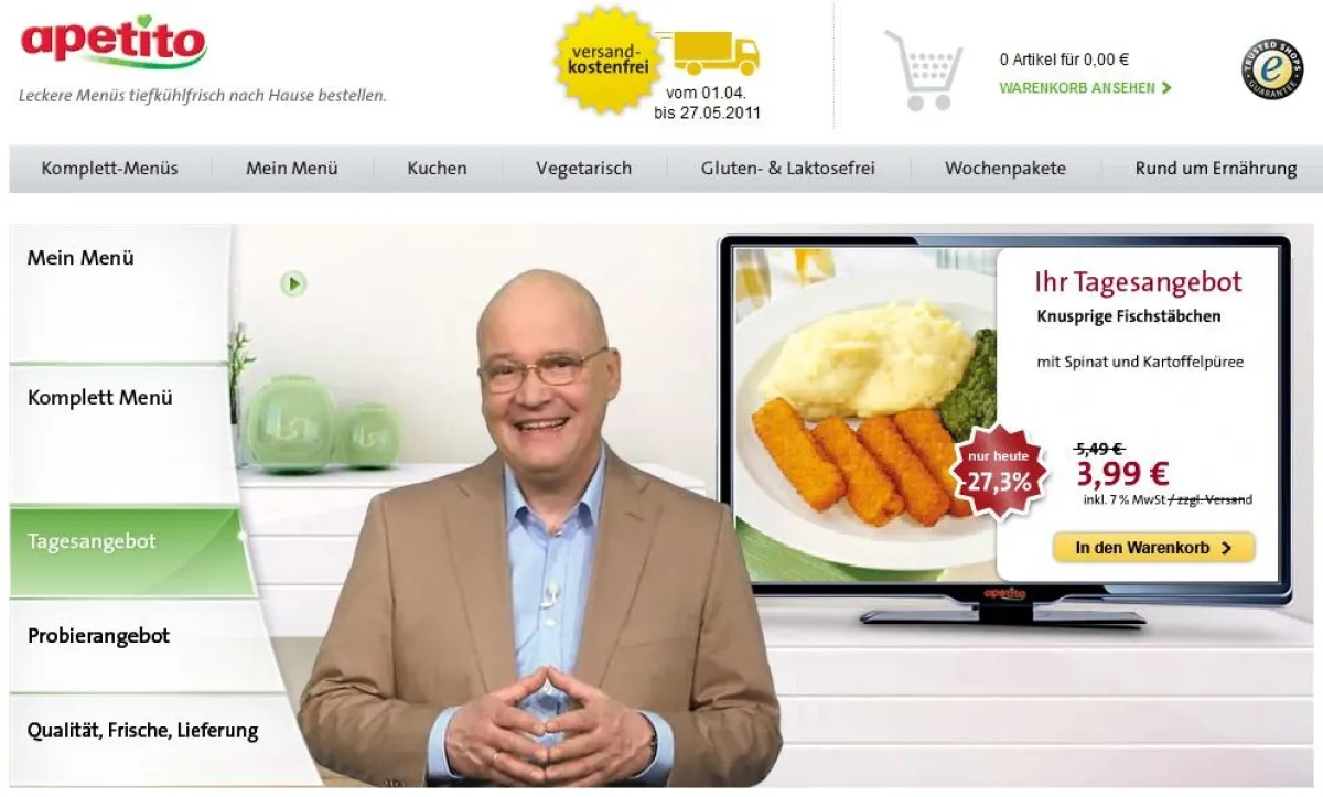 Vermarktung von Menüs per Video-Interface im apetito-Online-Shop.