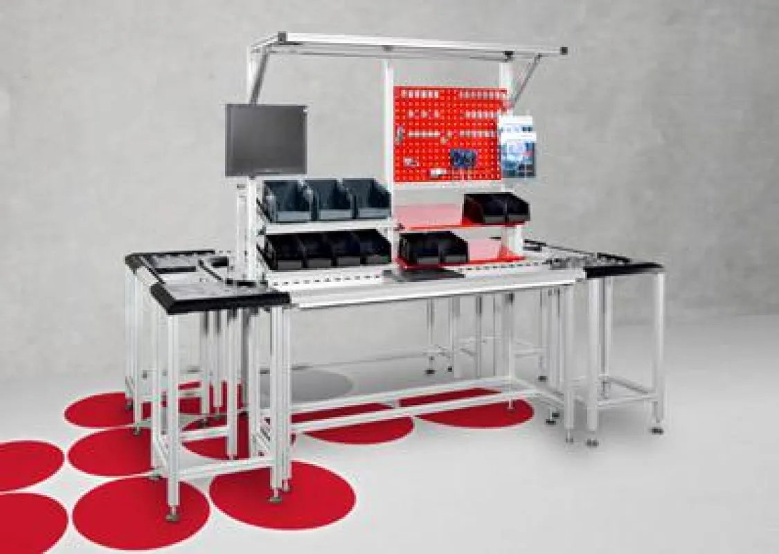 Ergonomische MultiLine-Arbeitsstation aus Profiltechnik mit One-piece-flow