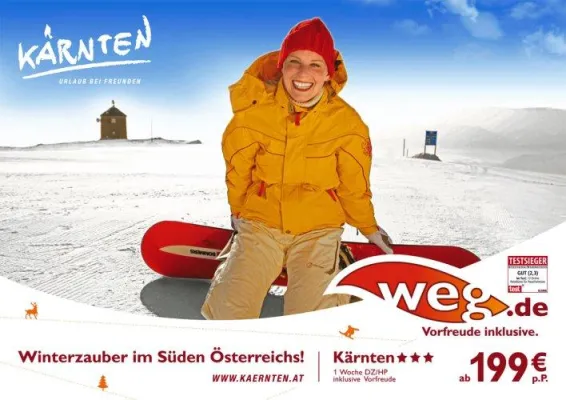 Bild: Gemeinsame TV- und Plakat-Kampagne - weg.de lockt Ski-Urlauber nach Kärnten