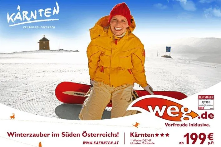Gemeinsame TV- und Plakat-Kampagne - weg.de lockt Ski-Urlauber nach Kärnten Bild: Gemeinsame TV- und Plakat-Kampagne - weg.de lockt Ski-Urlauber nach Kärnten