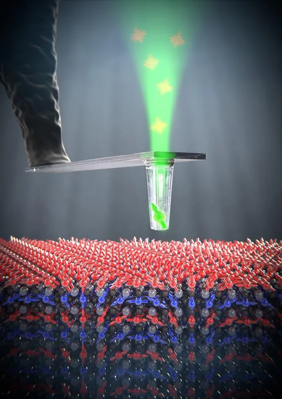 An individual electron spin in a quantum sensor reacts to the magnetic field of a thin film of bismuth ferrite. ((Bild: Universität Basel, Departement Physik))