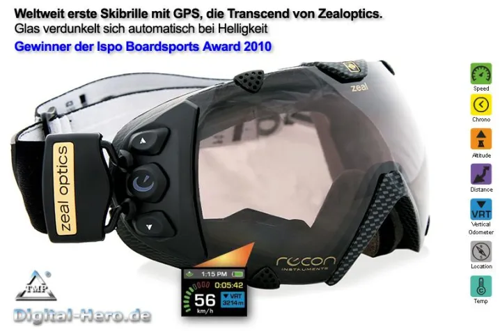 Bild: Skibrille Transcend mit GPS nun in Deutschland bei Digital-Hero