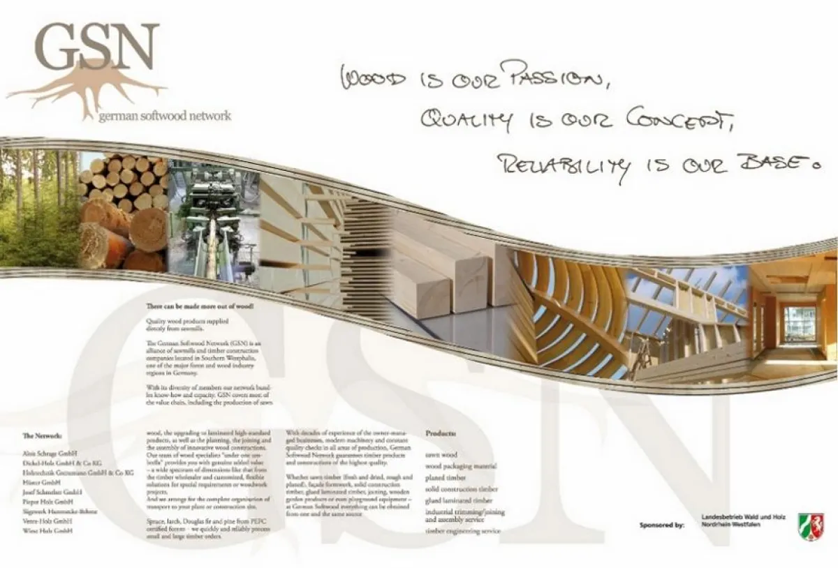 Messe-Stellwand mit GSN-Logo und Wertschöpfungskette des Netzwerks