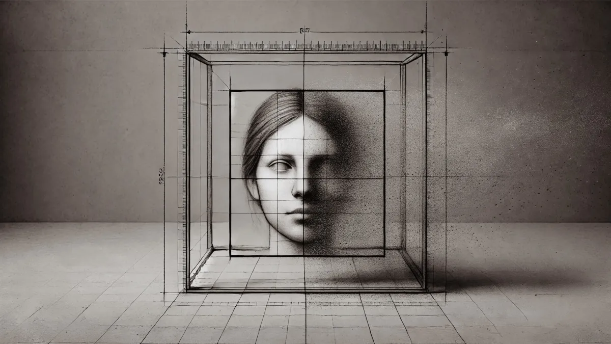 Ein Gesicht, halb vermessen, halb aufgelöst, eingefasst in ein geometrisches Gitter. (© DREIFISCH)