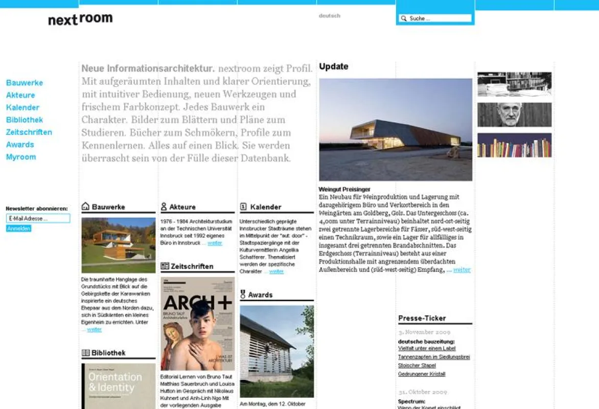 Aufgeräumte Inhalten und klare Orientierung, intuitive Bedienung, neue Werkzeuge und frisches Farbkonzept kennzeichnen jetzt eine der wichtigsten Adressen für Architektur im Netz.