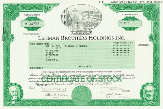 Bild: 10 Jahre nach der Pleite – Historische Lehman-Aktie am 15. September unterm Hammer