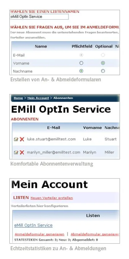 Screenshots des eMill OptIn Service