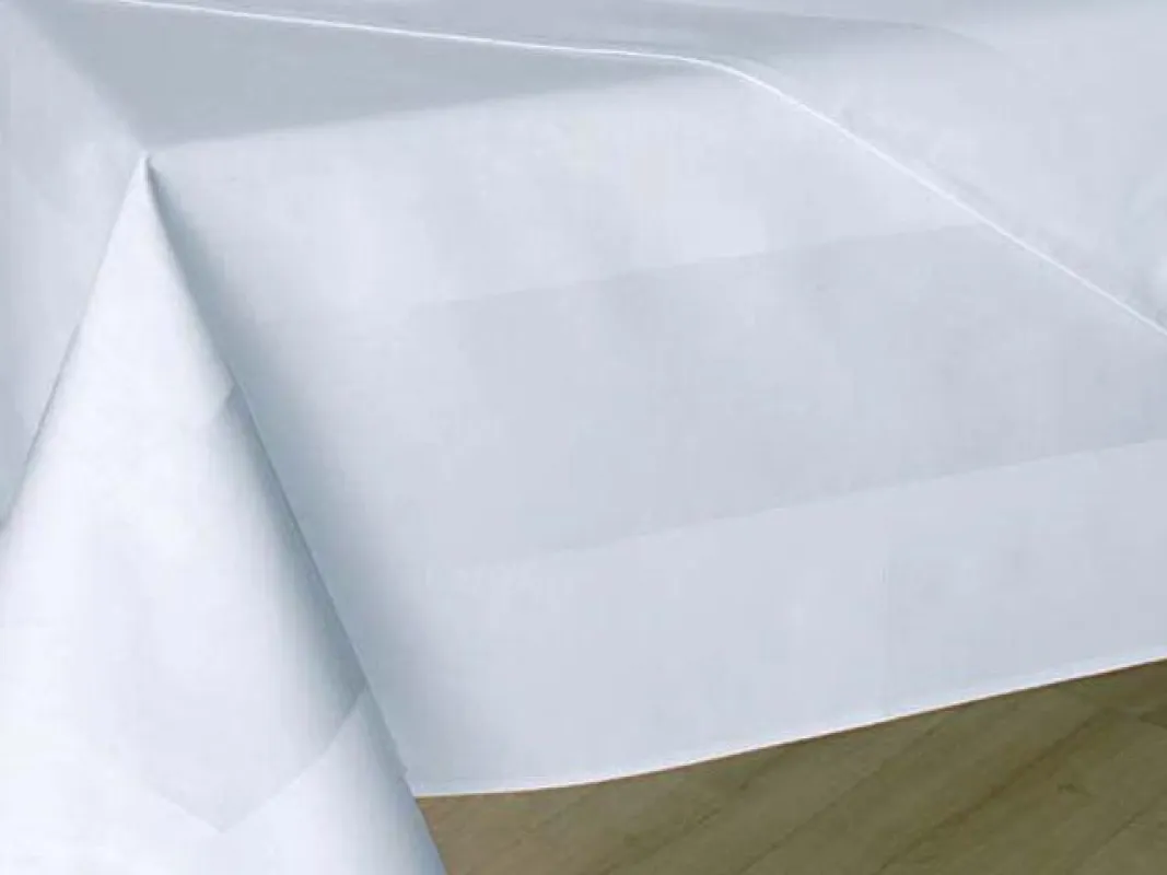 Tischdecke weiß mit Atlaskante - vom Tischdecken-Shop Libusch-Leinen