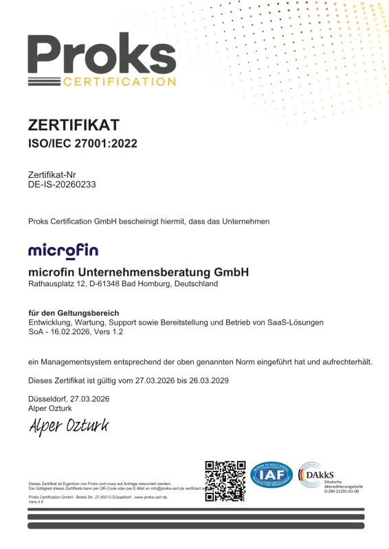 Zertifizierungsurkunde microfin (© microfin Unternehmensberatung GmbH)