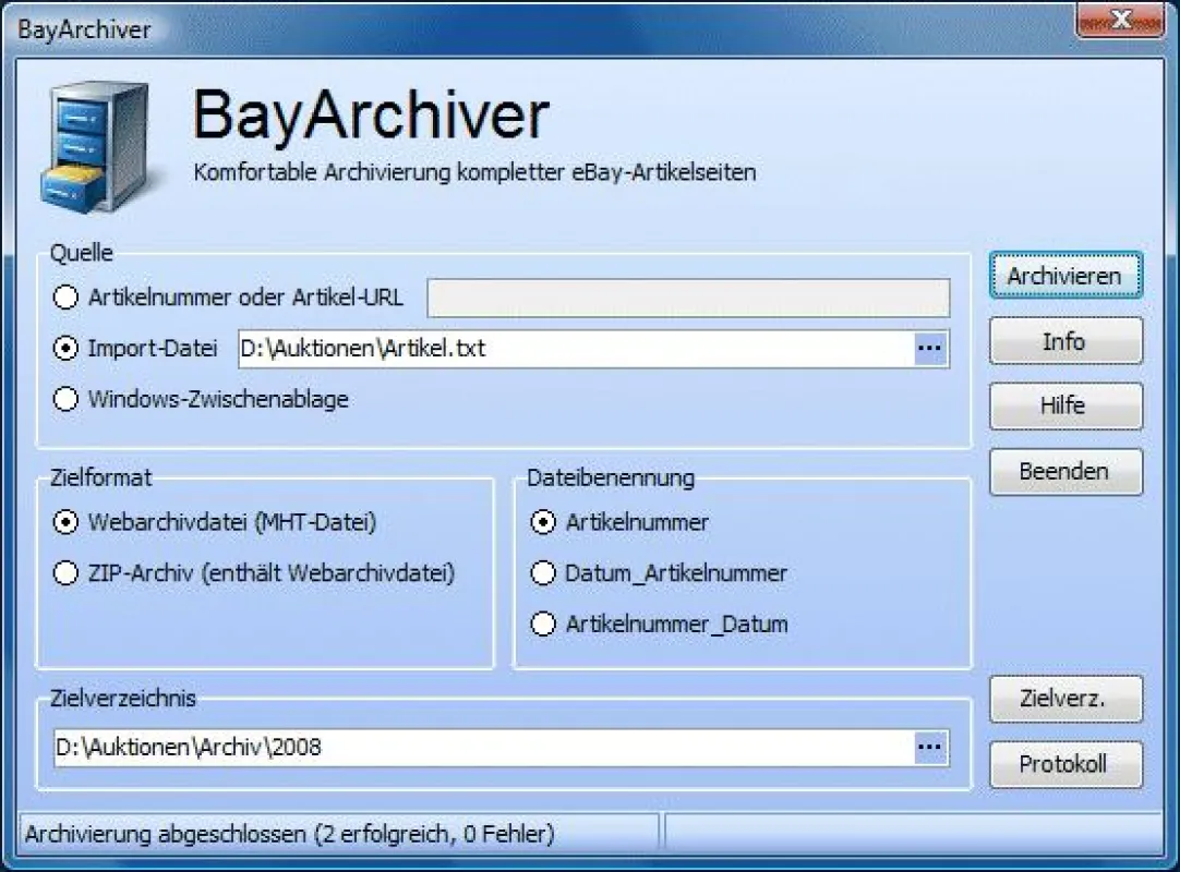 eBay Artikelseiten dauerhaft archivieren mit BayArchiver von aborange.de