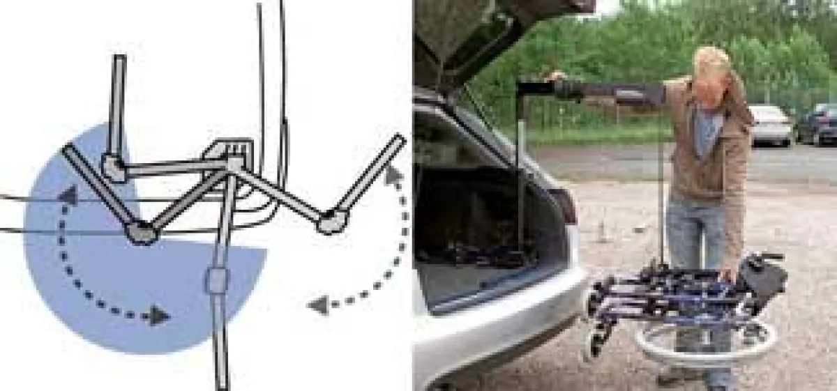 Der Hebearm am Carolift 40 besitzt zwei Gelenke, so dass der Rollstuhl von überall hinter oder neben dem Fahrzeug angehoben werden kann - ideal für enge Parkplätze! (Illustration von Autoadapt)