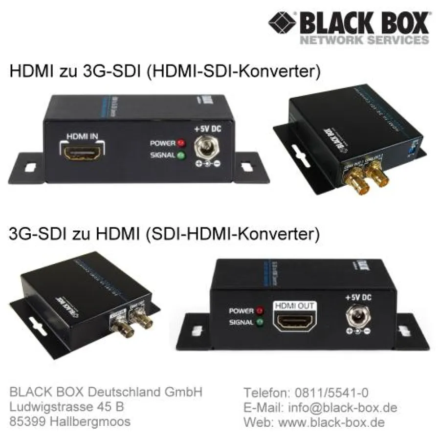 HDMI zu SDI-Adapter und SDI zu HDMI-Konverter im Black Box-Angebot