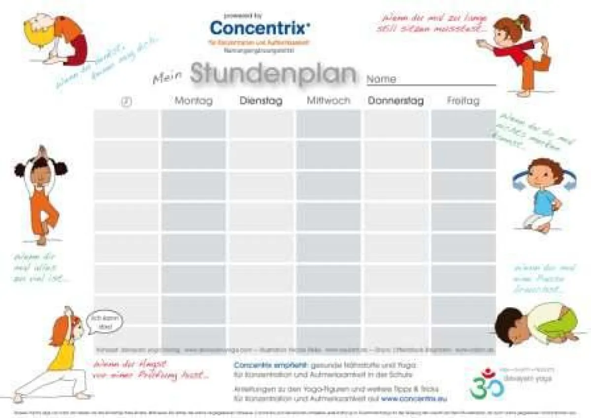 gratis Stundenplan mit Yogafiguren von Concentrix und devayani yoga