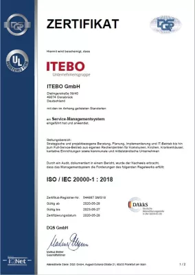 Bild: ITEBO erhält Zertifikat zur ISO / IEC 20000-1: 2018