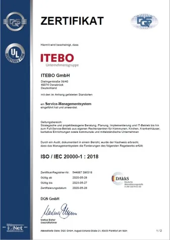 ITEBO erhält Zertifikat zur ISO / IEC 20000-1: 2018 Bild: ITEBO erhält Zertifikat zur ISO / IEC 20000-1: 2018