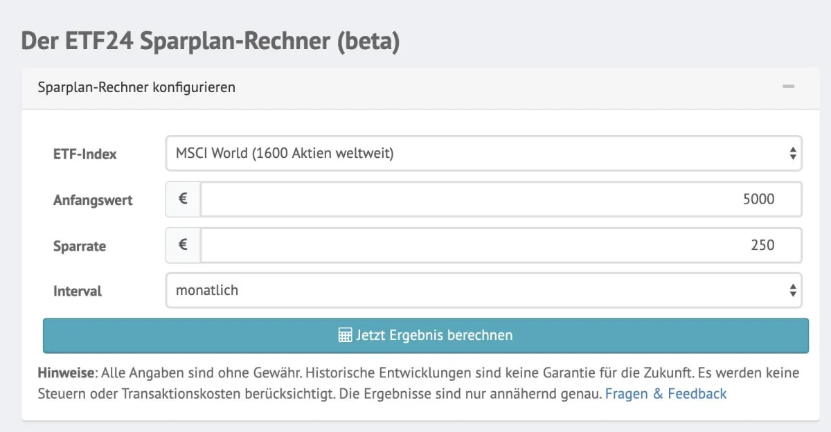 Screenshot des ETF-Sparplanrechners
