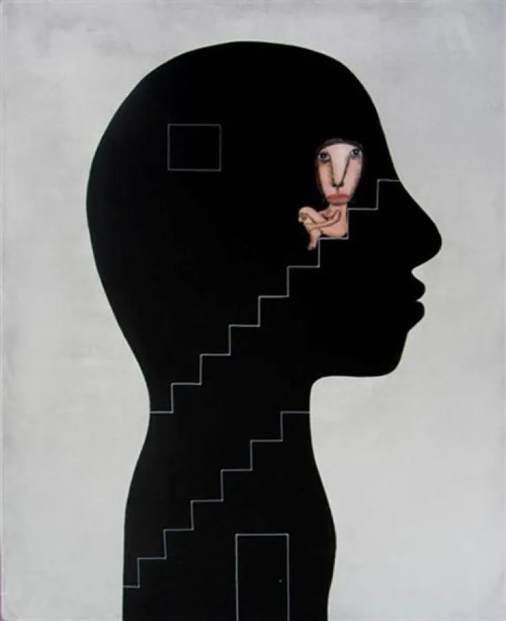 Moisés Yagües, Ich lebe nicht in dir, damit du dich verlierst, Mischtechnik auf Holz, 100 x 81 cm ©M