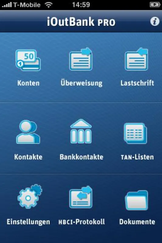 Menüübersicht der iPhone-App iOutBank