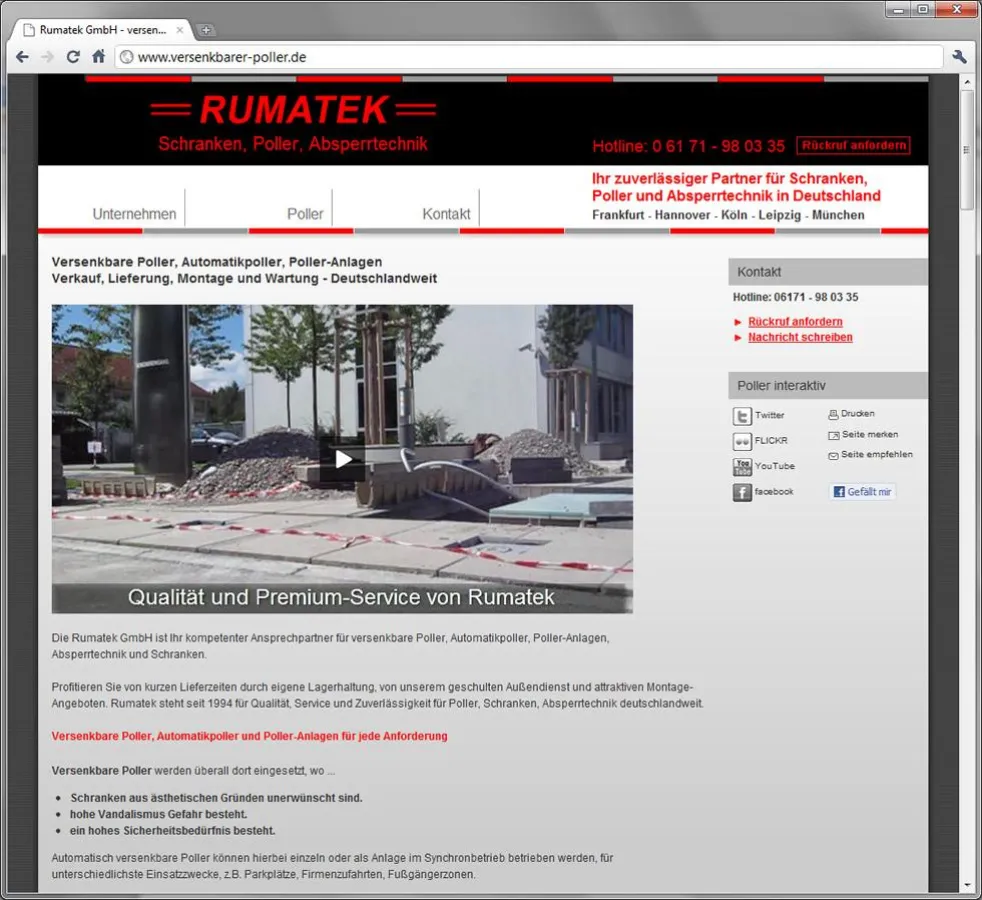 Rumatek GmbH stellt Einsatzmöglichkeiten von versenkbaren Pollern auf neuen Internetseite vor: www.versenkbarer-Poller.de