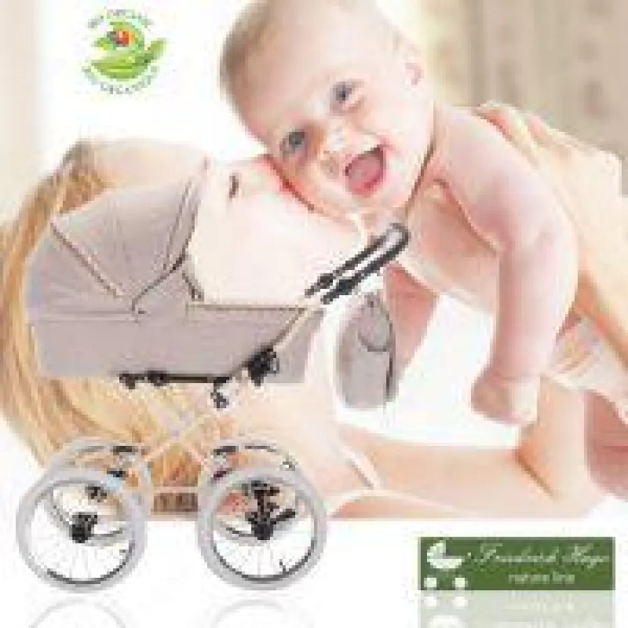 Natureline - Friedrich Hugo! Der Nostalgie Kinderwagen, der auf natürlich Flachsstoffe, Bio Organic Baumwolle, Kokosmatratze setzt